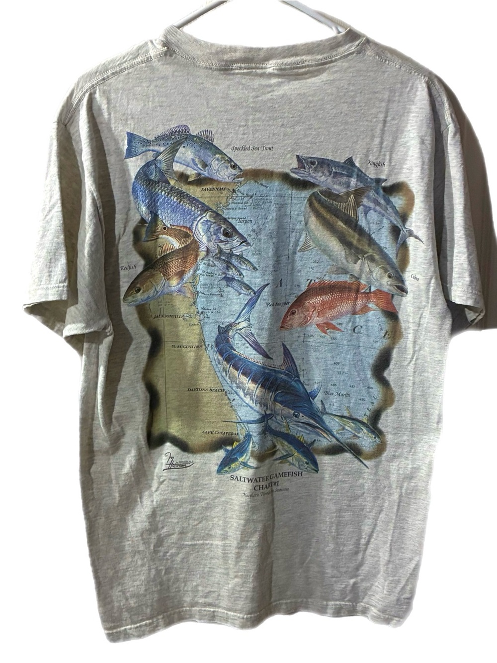 Saltwater Gamefish T-Shirt - Light Gray with Blue & Multicolor Fish Graphic